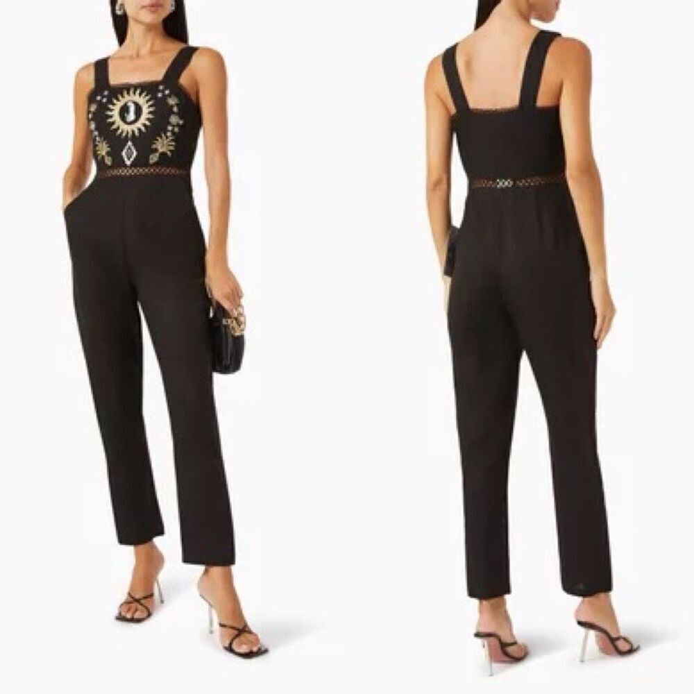 Never Fully Dressed Embroidered Linen Leopard Sun Jumpsuit in Black Size 12